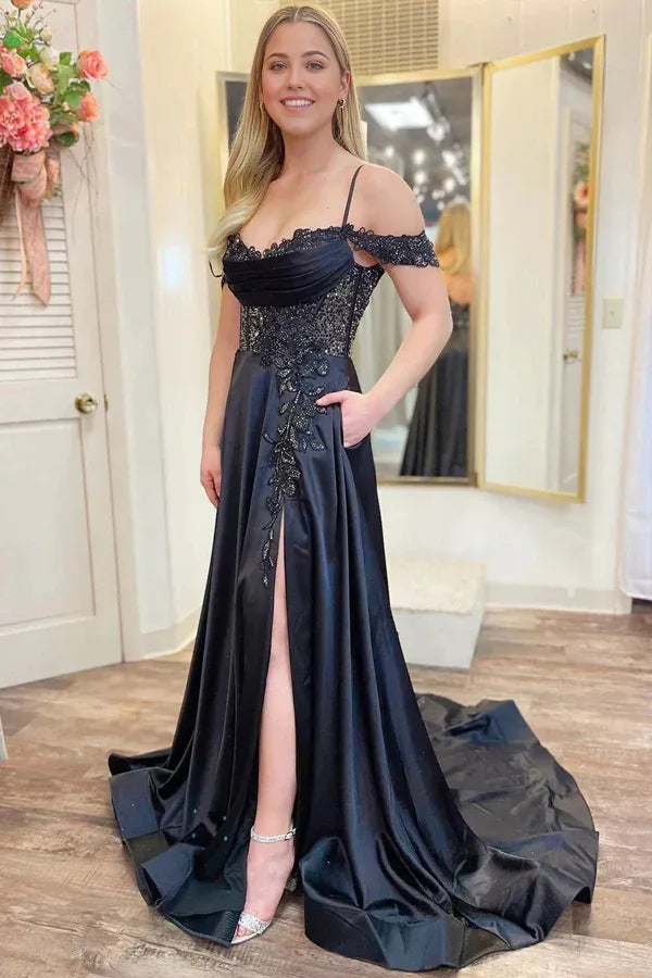 Sheath Mermaid Spaghetti Straps Cold-Shoulder Beaded Long Prom Dress Evening Party Dress With Pockets