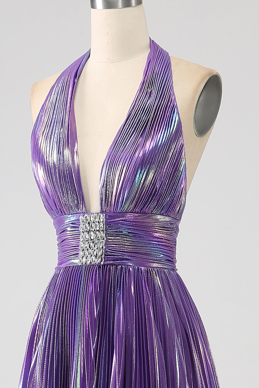 Glitter Purple Pleated Metallic Long Prom Dress with Slit Sexy