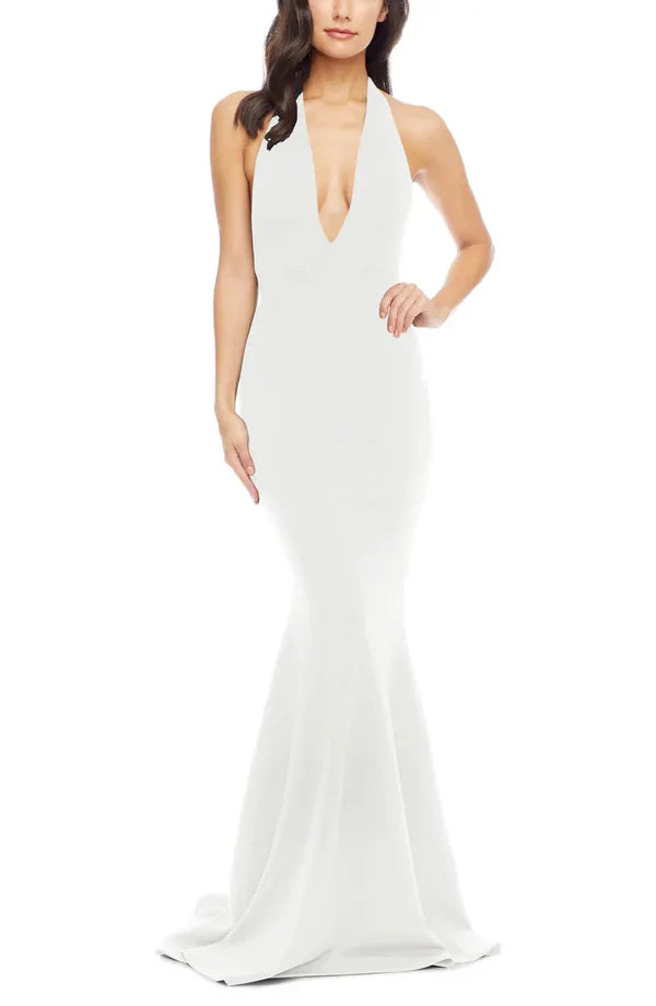 Noble V-neck off shoulder mermaid hem off back and floor length evening dress Solid Color