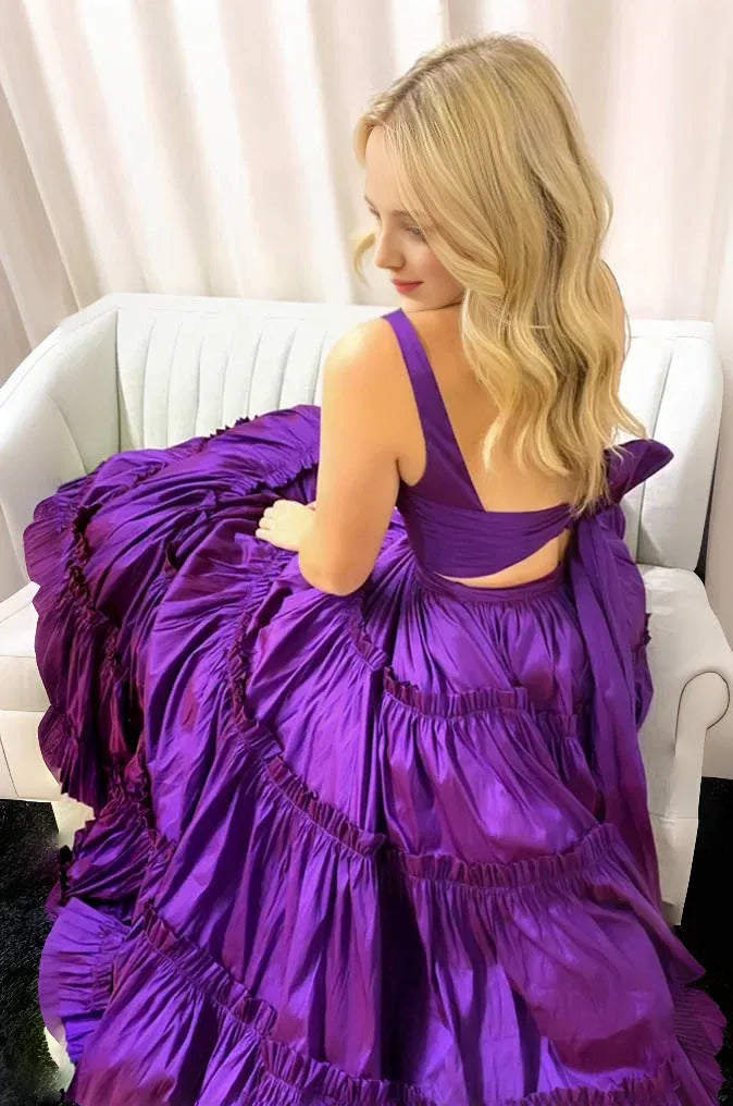 A-Line Two Pieces Spaghetti Straps V Neck Open Back Ruffle Prom Dress Sexy