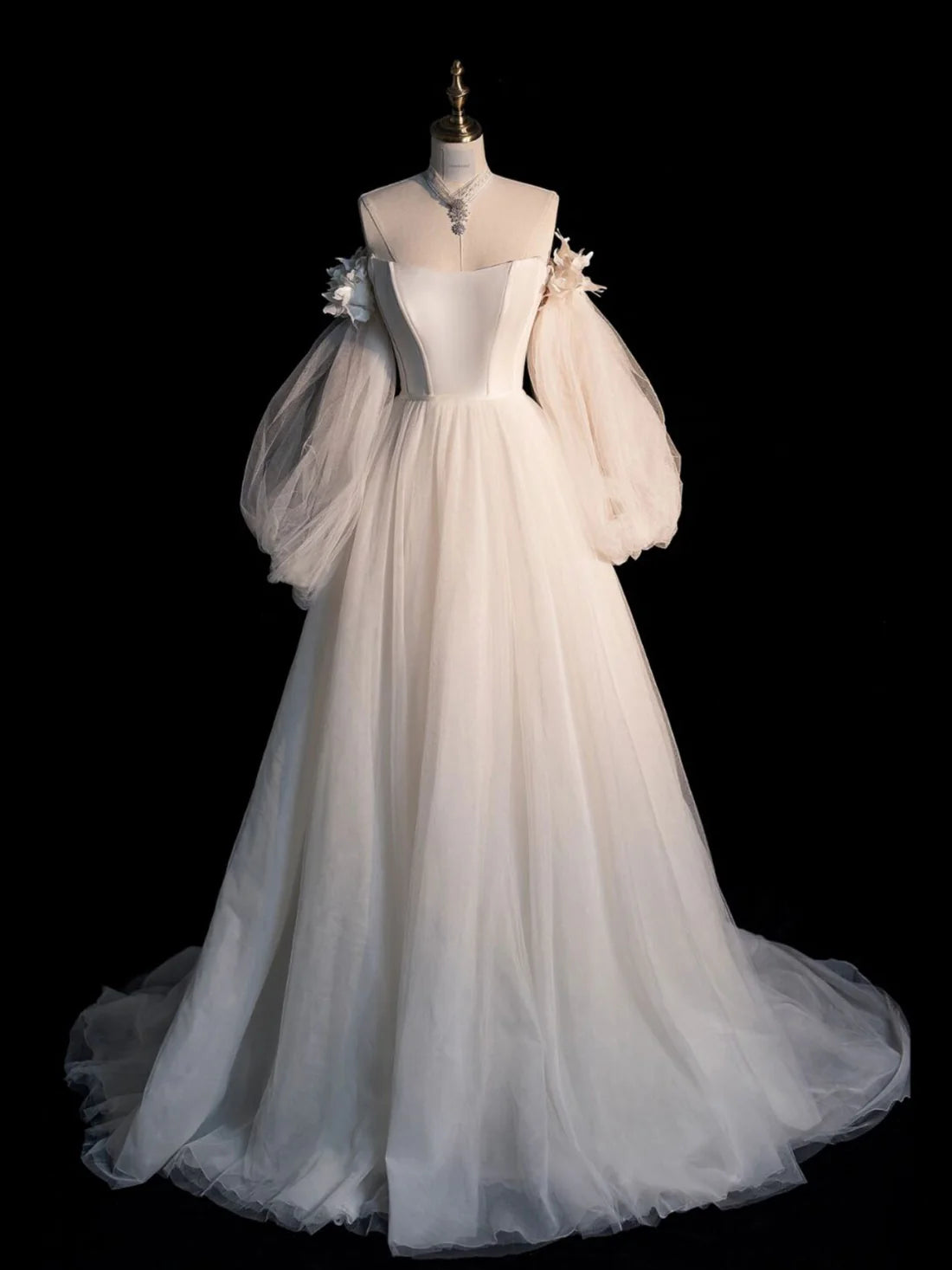 A line Tulle Long Sleeves Floor Length Bridesmaid Dress Formal Dresses