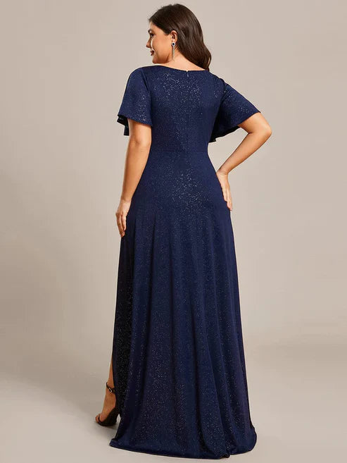 Plus Size Glitter Ruffled High-Low Front Slit Evening Dress/Prom Dresses Party Dresses Wedding Guest Dresses
