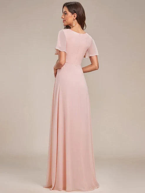 Ruffles Sleeve High Slit with Louts Leaf Chiffon Evening Dress/Prom Dresses Party Dresses Wedding Guest Dresses