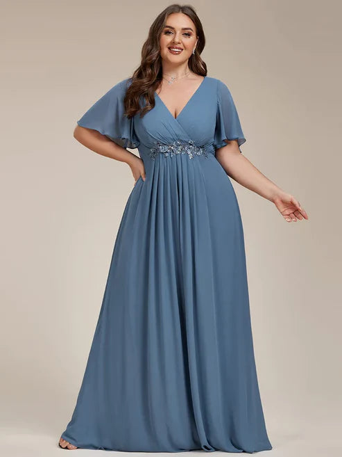 Plus Size Floral Applique Short Sleeve A-Line Chiffon Evening Dress/Prom Dresses Charming Party Dresses