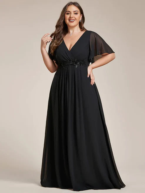Plus Size Floral Applique Short Sleeve A-Line Chiffon Evening Dress/Prom Dresses Charming Party Dresses