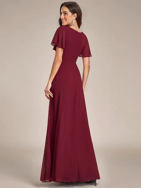 Ruffles Sleeve High Slit with Louts Leaf Chiffon Evening Dress/Prom Dresses Party Dresses Wedding Guest Dresses