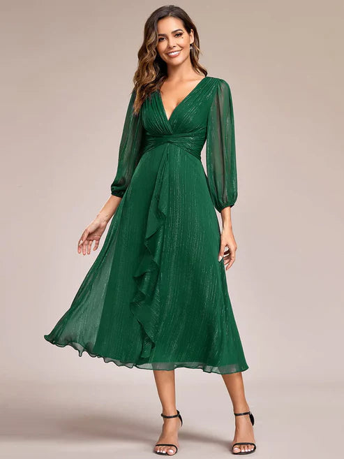 See-Through Long Sleeve Twist Knot A-Line Lotus Leaf Shimmering Evening Dress/Prom Dresses Party Dresses