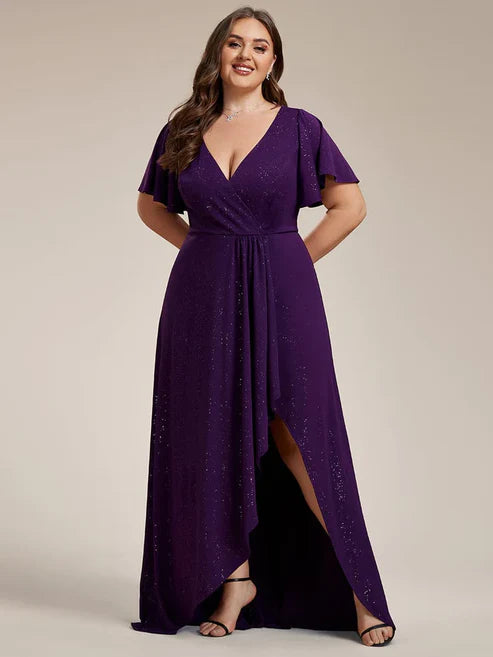Plus Size Glitter Ruffled High-Low Front Slit Evening Dress/Prom Dresses Party Dresses Wedding Guest Dresses