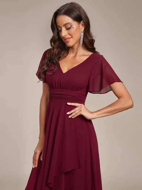 Ruffles Sleeve High Slit with Louts Leaf Chiffon Evening Dress/Prom Dresses Party Dresses Wedding Guest Dresses