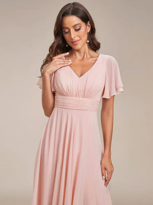 Ruffles Sleeve High Slit with Louts Leaf Chiffon Evening Dress/Prom Dresses Party Dresses Wedding Guest Dresses