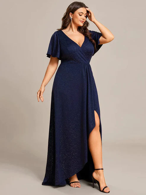 Plus Size Glitter Ruffled High-Low Front Slit Evening Dress/Prom Dresses Party Dresses Wedding Guest Dresses