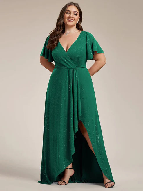 Plus Size Glitter Ruffled High-Low Front Slit Evening Dress/Prom Dresses Party Dresses Wedding Guest Dresses