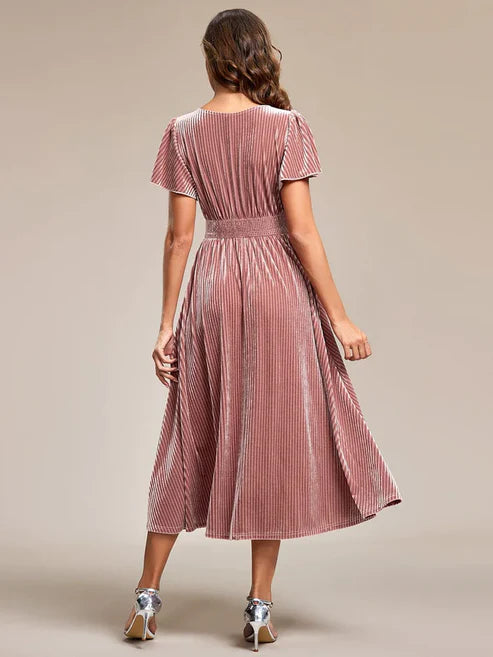 Graceful V-Neck Waist Design Short Sleeves Fall Velvet Midi Wedding Guest Dress/Prom Dresses Party Dresses
