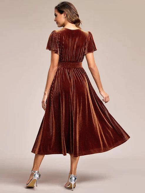 Graceful V-Neck Waist Design Short Sleeves Fall Velvet Midi Wedding Guest Dress/Prom Dresses Party Dresses