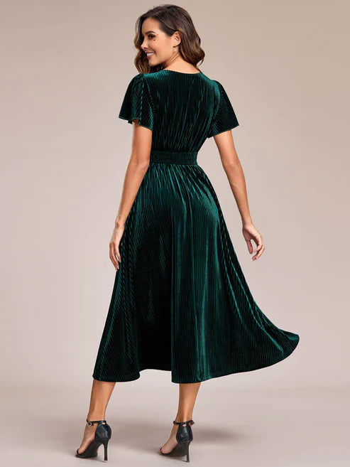 Graceful V-Neck Waist Design Short Sleeves Fall Velvet Midi Wedding Guest Dress/Prom Dresses Party Dresses