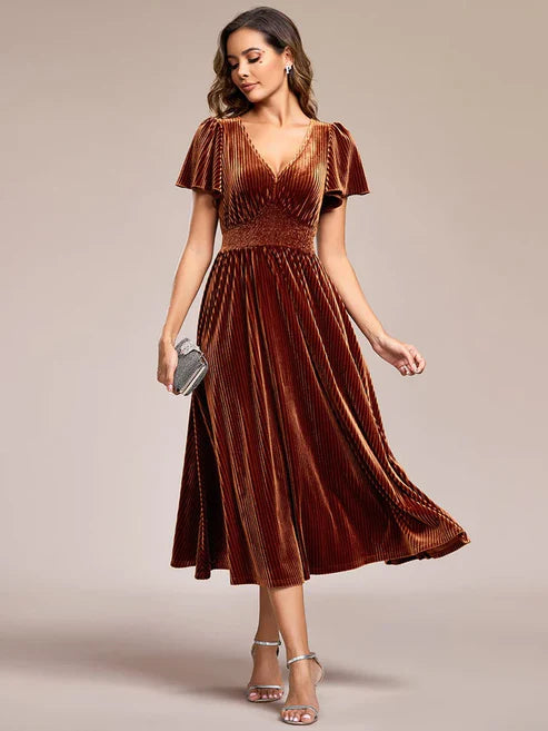 Graceful V-Neck Waist Design Short Sleeves Fall Velvet Midi Wedding Guest Dress/Prom Dresses Party Dresses