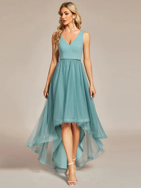 Sleeveless Tulle High Low Prom Dress with Waist Chain Evening Dresses/Prom Dresses Party Dresses Wedding Guest Dresses