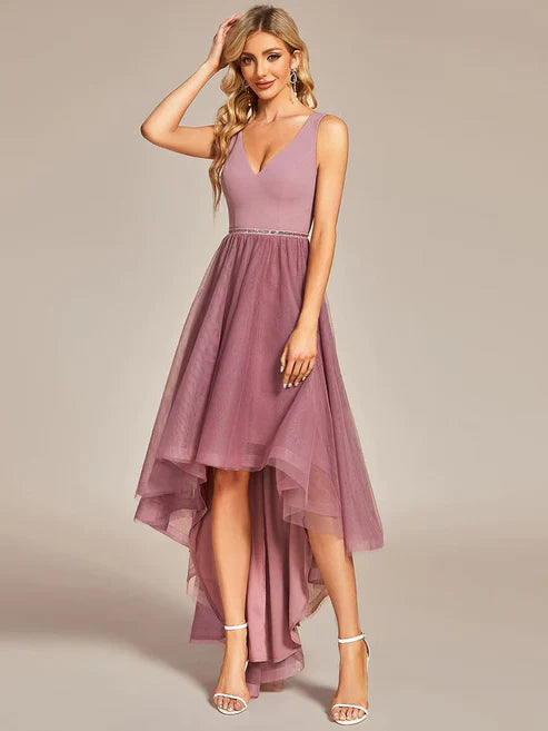 Sleeveless Tulle High Low Prom Dress with Waist Chain Evening Dresses/Prom Dresses Party Dresses Wedding Guest Dresses