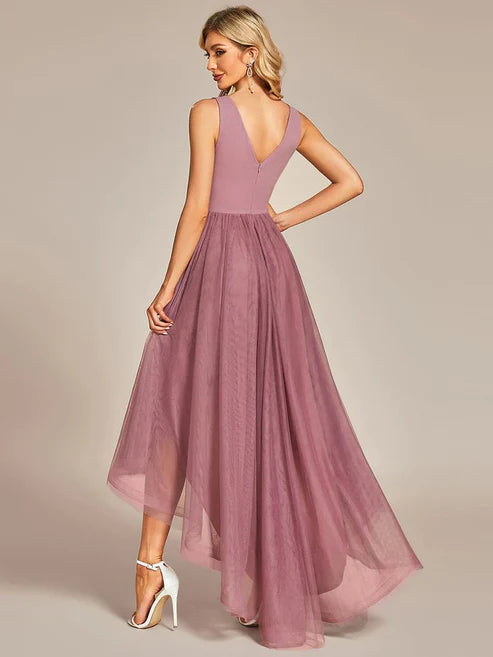 Sleeveless Tulle High Low Prom Dress with Waist Chain Evening Dresses/Prom Dresses Party Dresses Wedding Guest Dresses