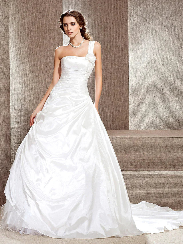 Princess A-Line Ball Gown Wedding Dresses One Shoulder Cathedral Train Taffeta Sleeveless Floor Length 