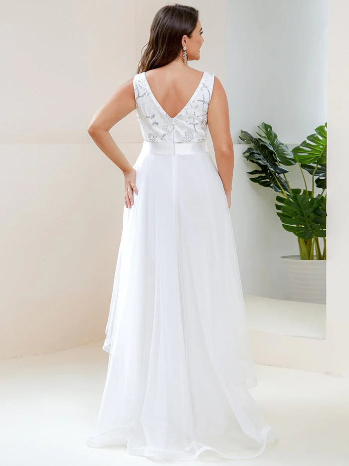 Plus Size High-Low Deep V Neck Tulle Evening Dresses with Sequins