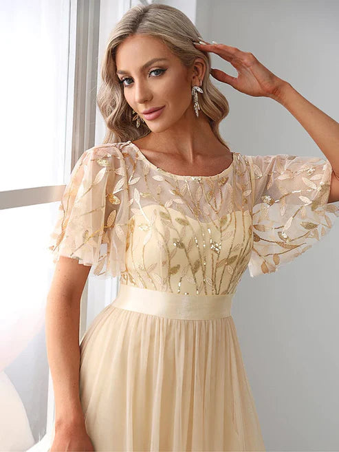 A-Line Sequin Leaf Maxi Prom Dress with Sleeves/Evening Dresses Party Dresses Wedding Guest Dresses