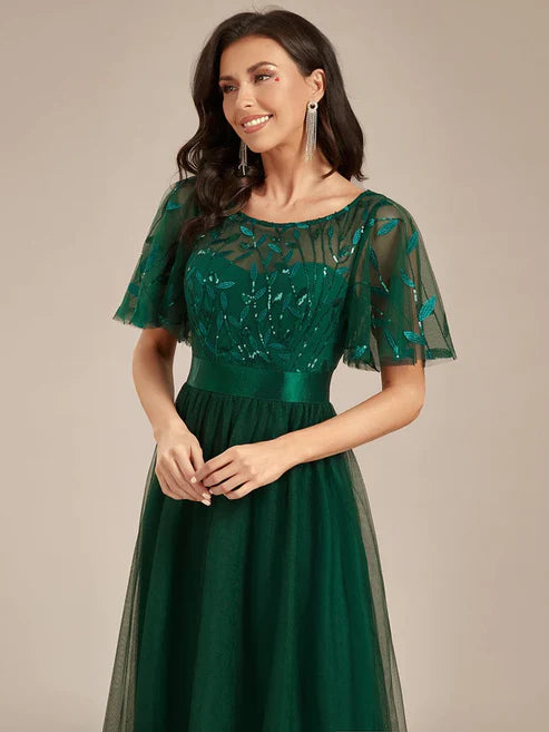A-Line Sequin Leaf Maxi Prom Dress with Sleeves/Evening Dresses Party Dresses Wedding Guest Dresses