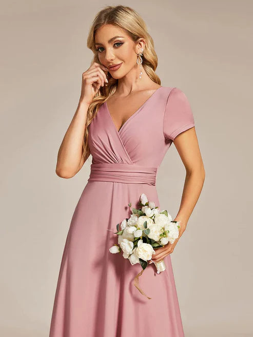 Simple Pleated Empire Waist A-Line V-neck Floor Length Bridesmaid Dress/Prom Dresses Party Dresses Wedding Guest Dresses