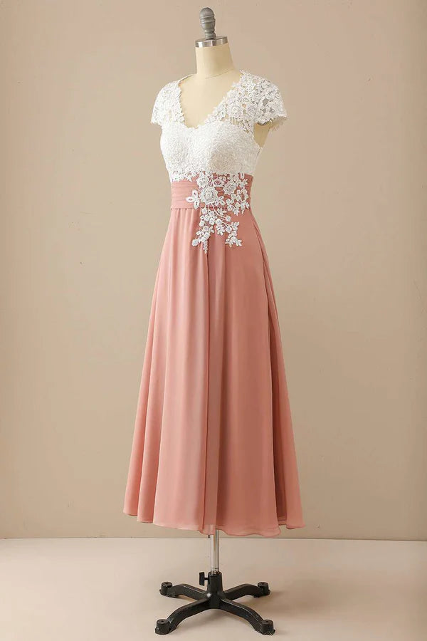 Mature V-neck lace chiffon hat sleeves Mother of the Bride Dress Elegant