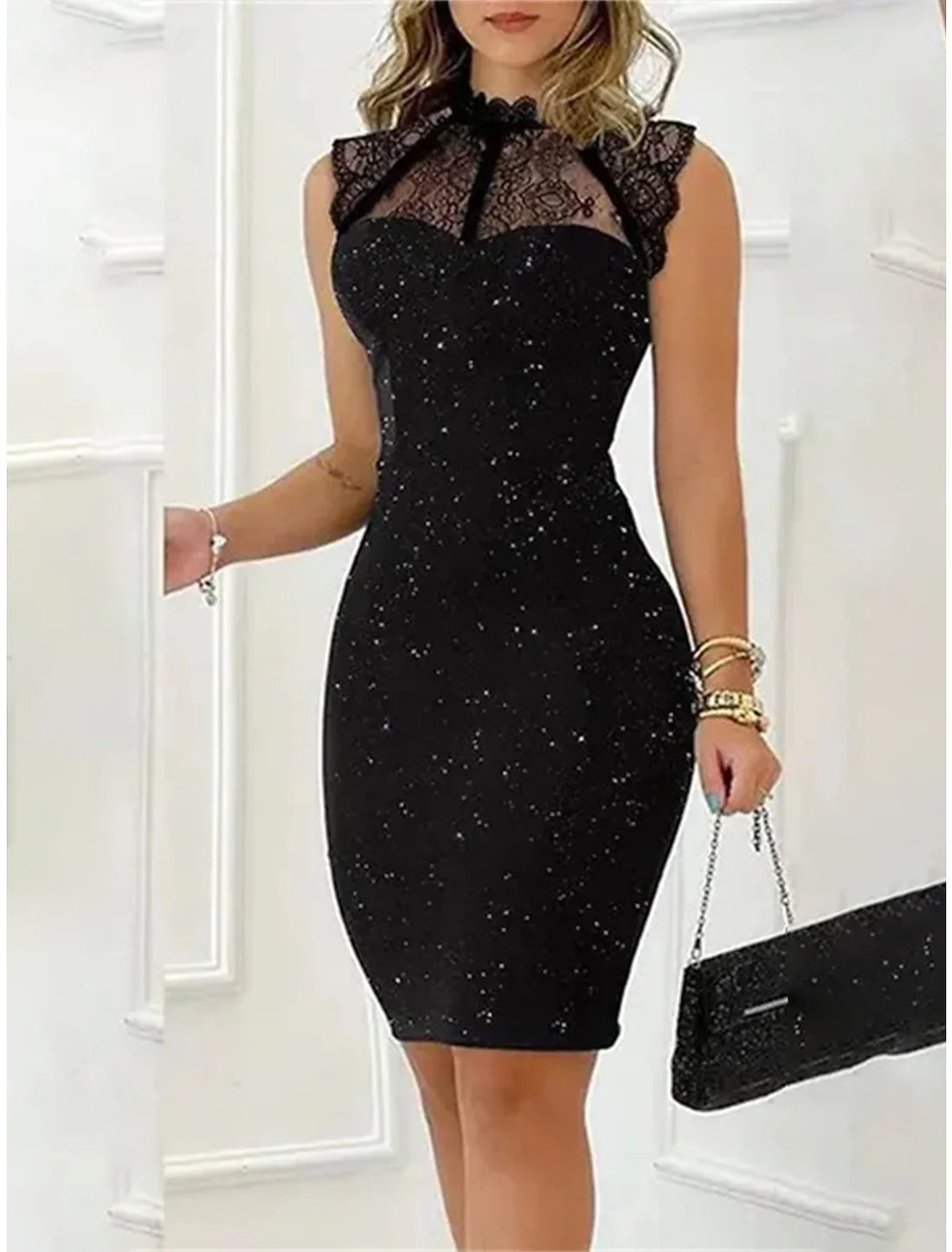 Women's Black Sequin Dress Party Dress Little Black Dress Lace Dress Sparkly Dress Sexy Dress Homecoming Dress Mini Sleeveless Fall Crew Neck Fashion