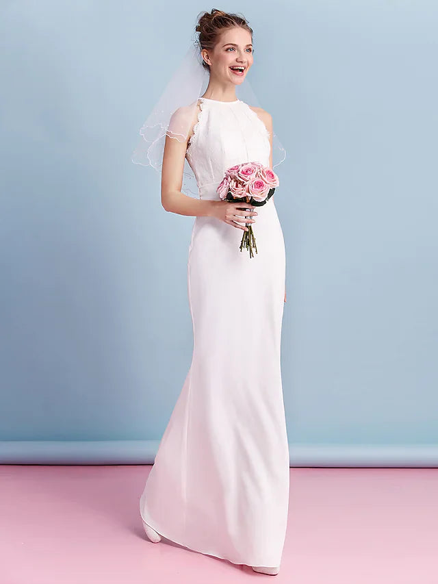 Wedding Dresses Halter Neck Floor Length Chiffon Lace Regular Straps Floral Lace with Lace Sash Ribbon