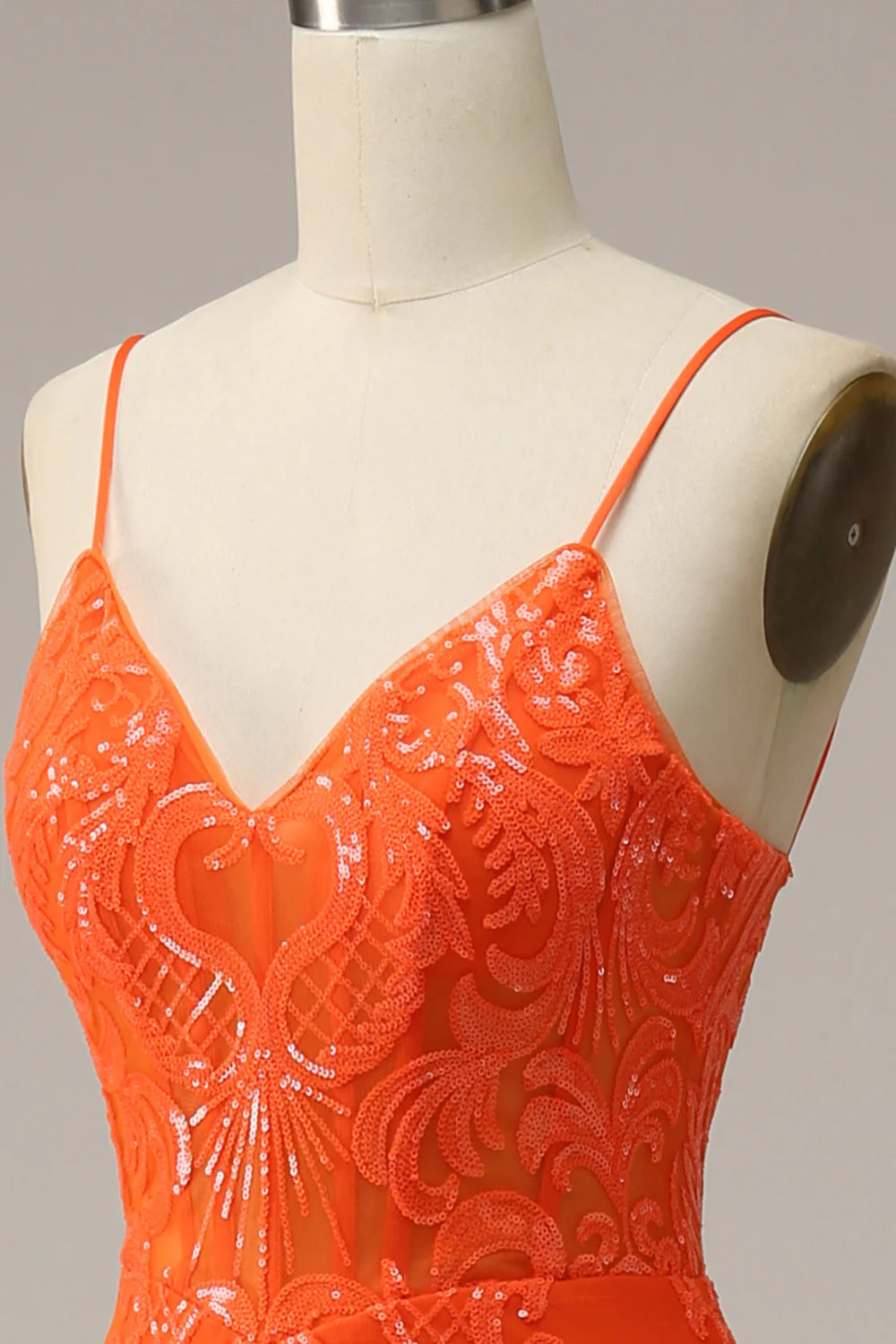Sheath/Mermaid Spaghetti Straps Orange Sequins Long Sweep/Brush Train Prom Dress with Slit