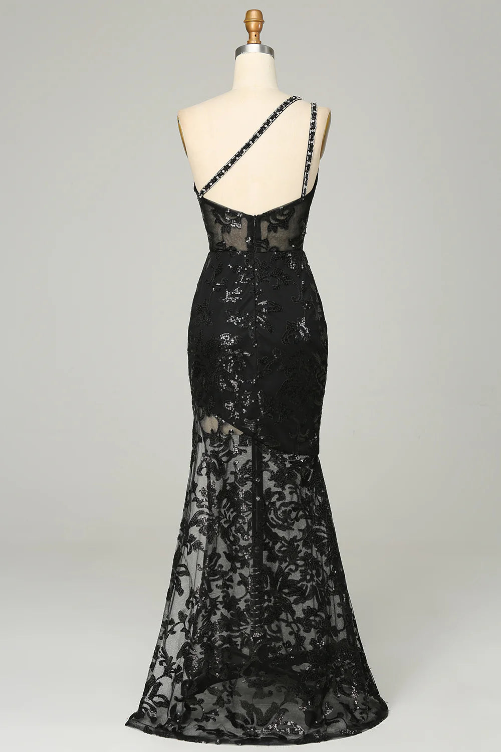 Mermaid Lace Black Spaghetti Straps Sleek Glitter Sparking One Shoulder Prom Dress with Sequins