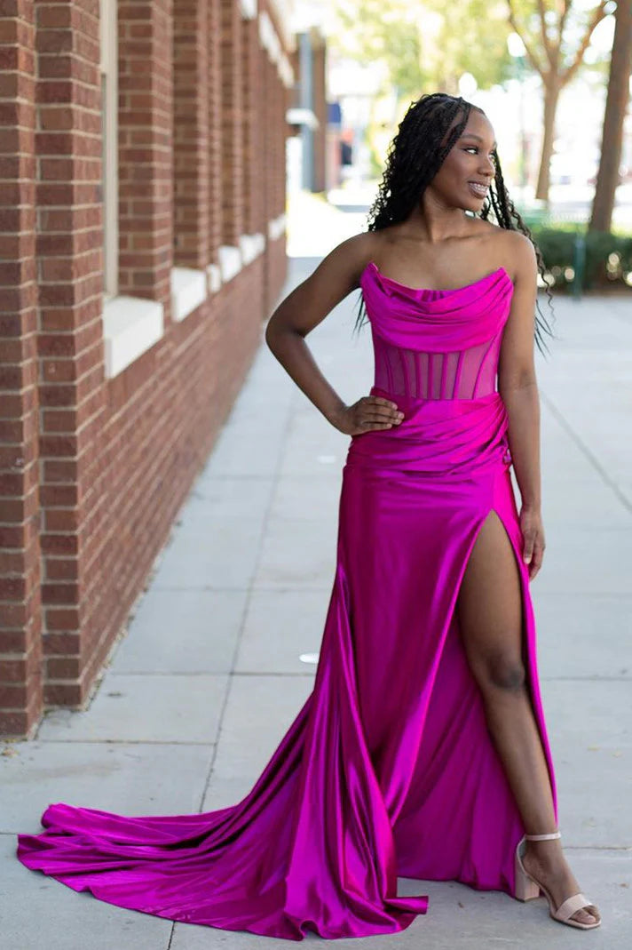 Sheath Mermaid Strapless Pleated Boning Sheer Satin Long Prom Dress with Slit