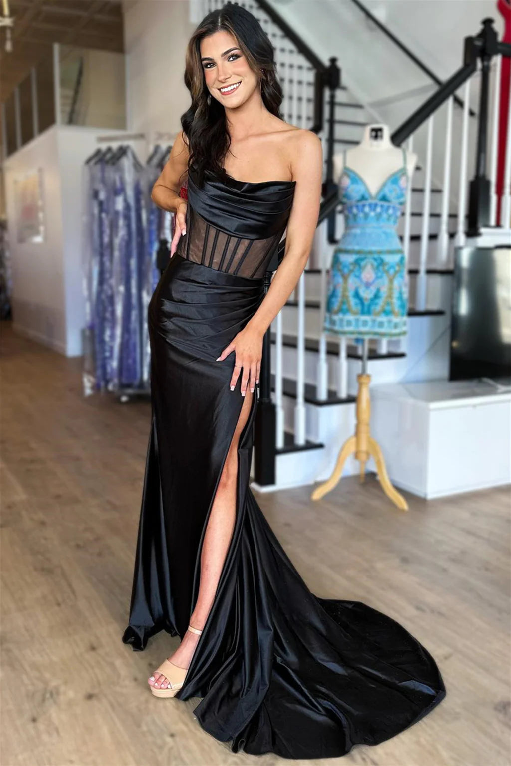 Sheath Mermaid Strapless Pleated Boning Sheer Satin Long Prom Dress with Slit