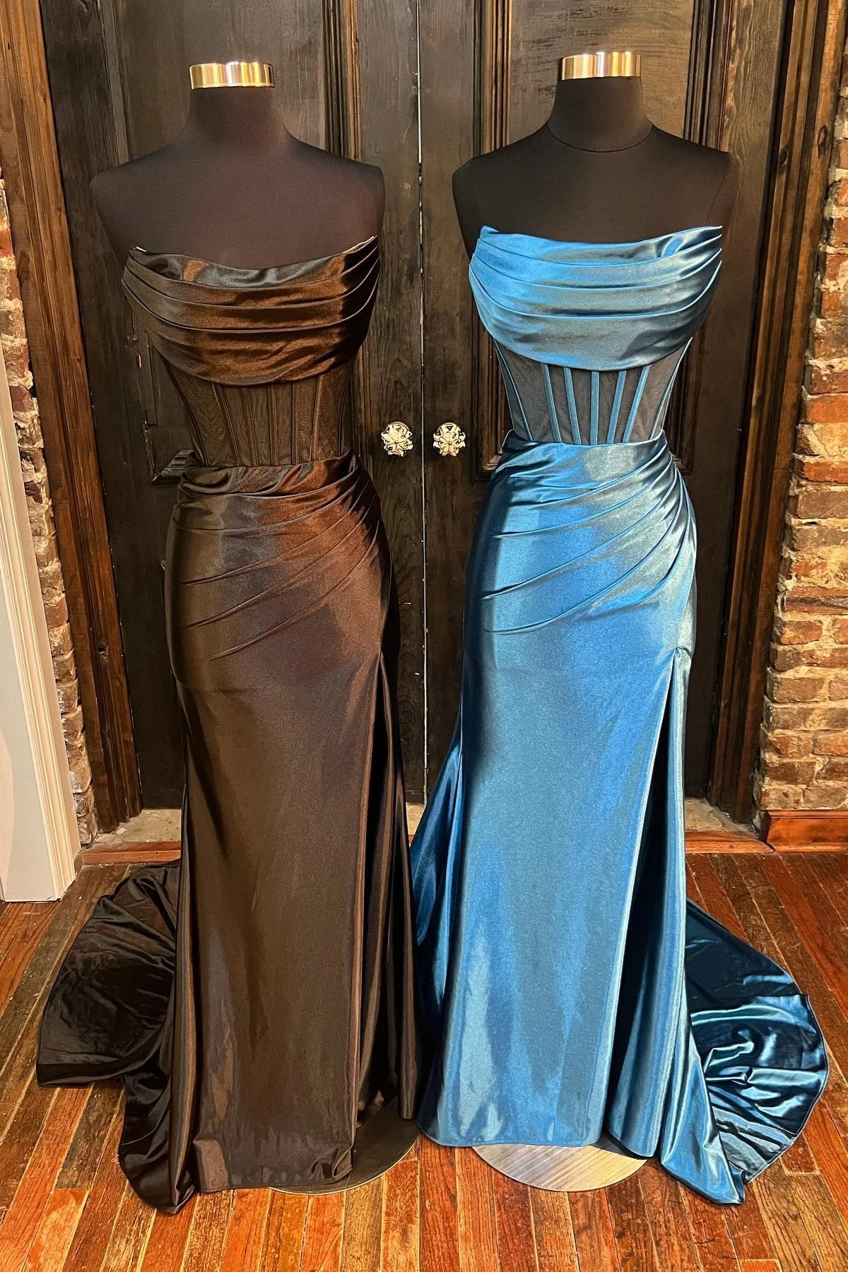 Sheath Mermaid Strapless Pleated Boning Sheer Satin Long Prom Dress with Slit