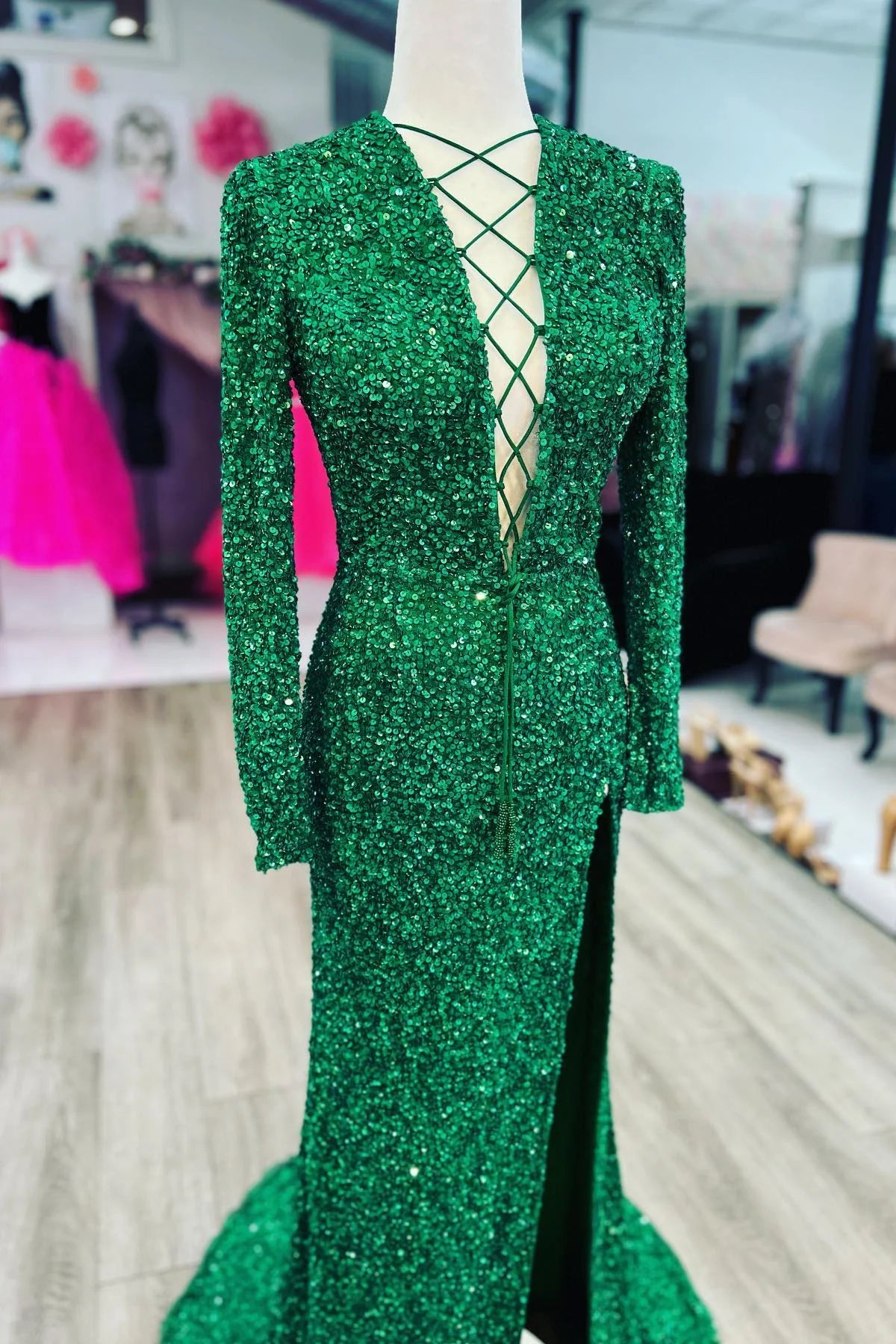 Sheath Mermaid Lace-Up Sweep/Brush Train Dresses Neck Long Sleeves Shine Sequins Prom Dress with Slit