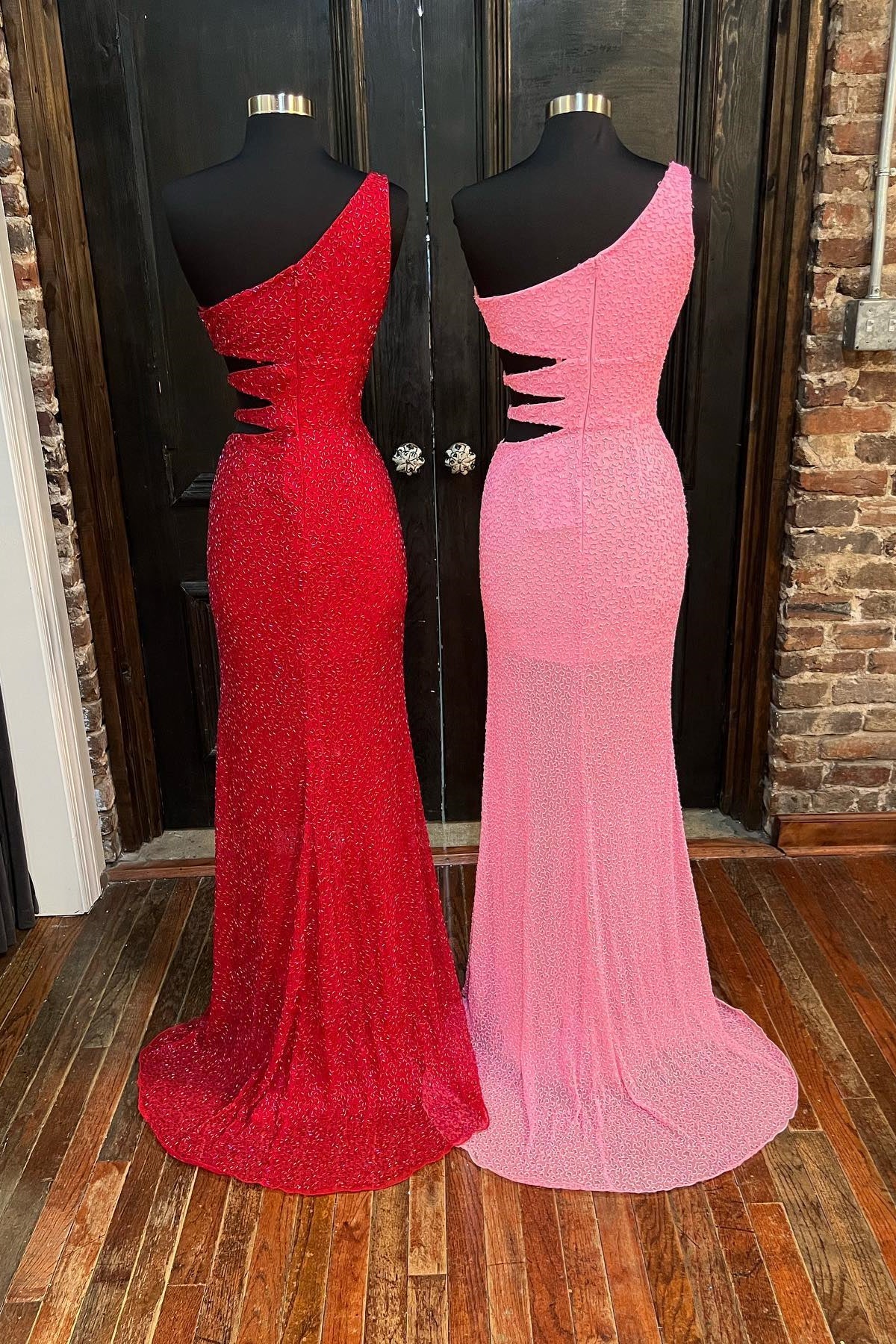 Sheath Mermaid One Shoulder Sweep/Brush Train Dresses Cut-Out Beaded Long Prom Dress with Slit