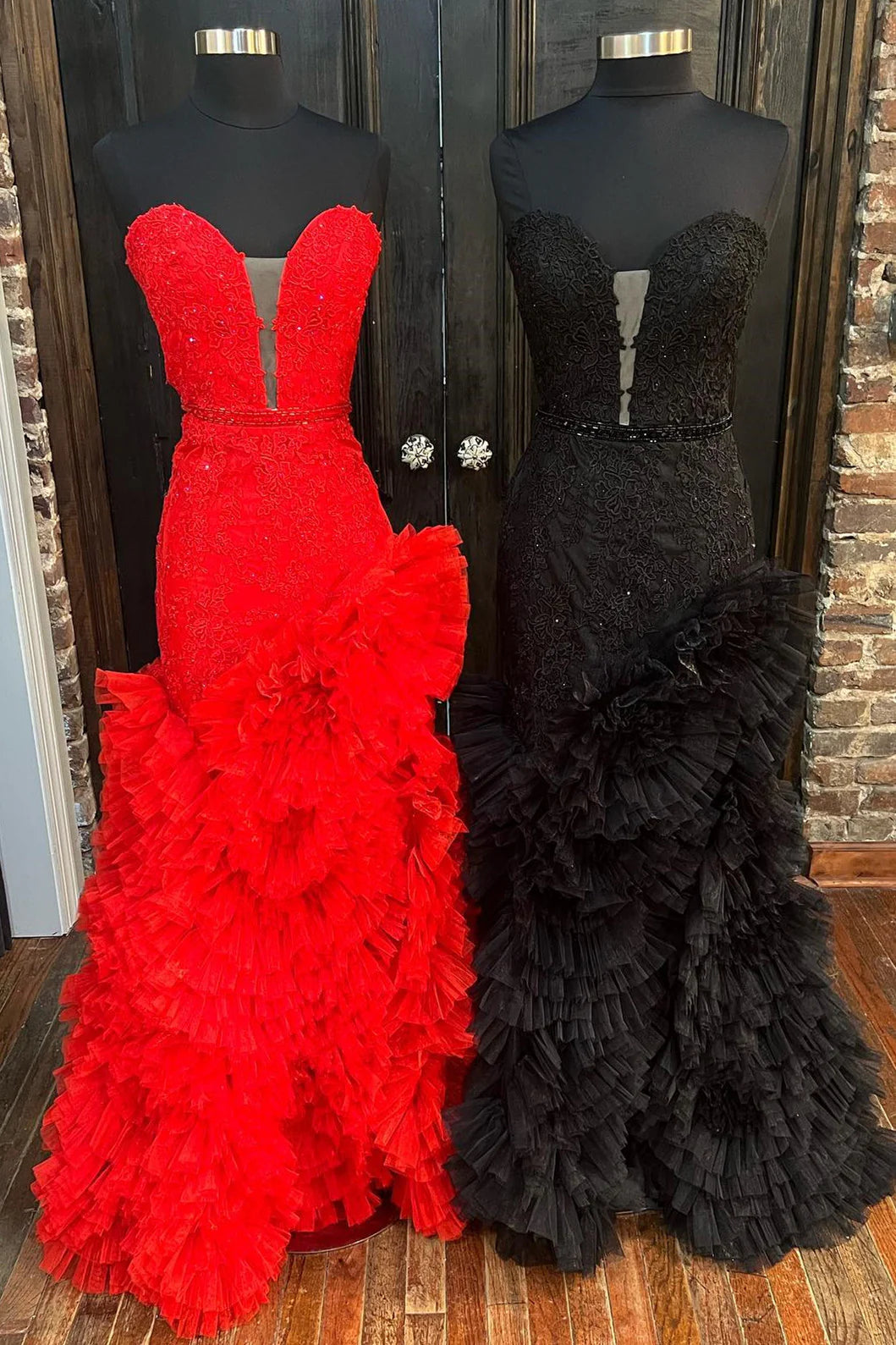 Sheath Mermaid Strapless Cut-Out Sweep/Brush Train Dresses Back Ruffle Layers Prom Dress