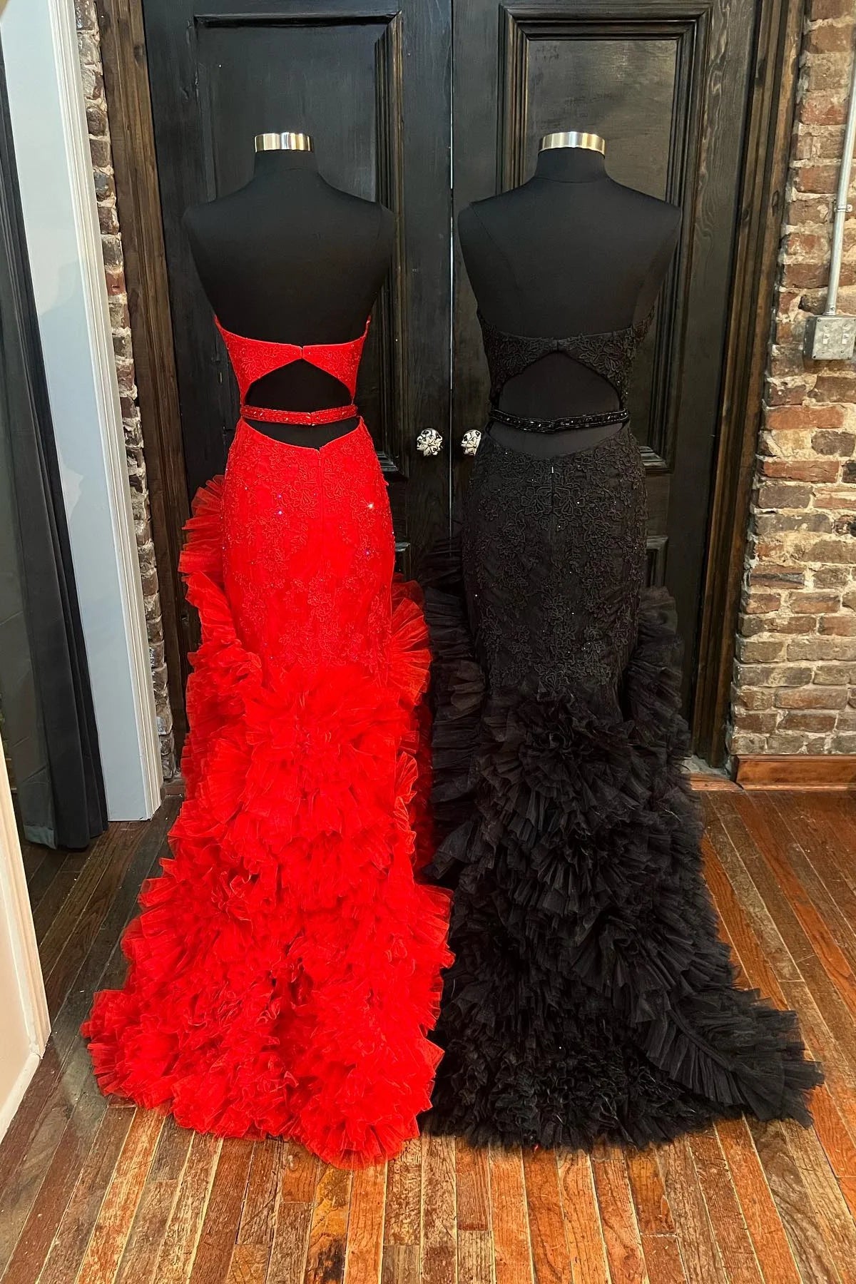 Sheath Mermaid Strapless Cut-Out Sweep/Brush Train Dresses Back Ruffle Layers Prom Dress