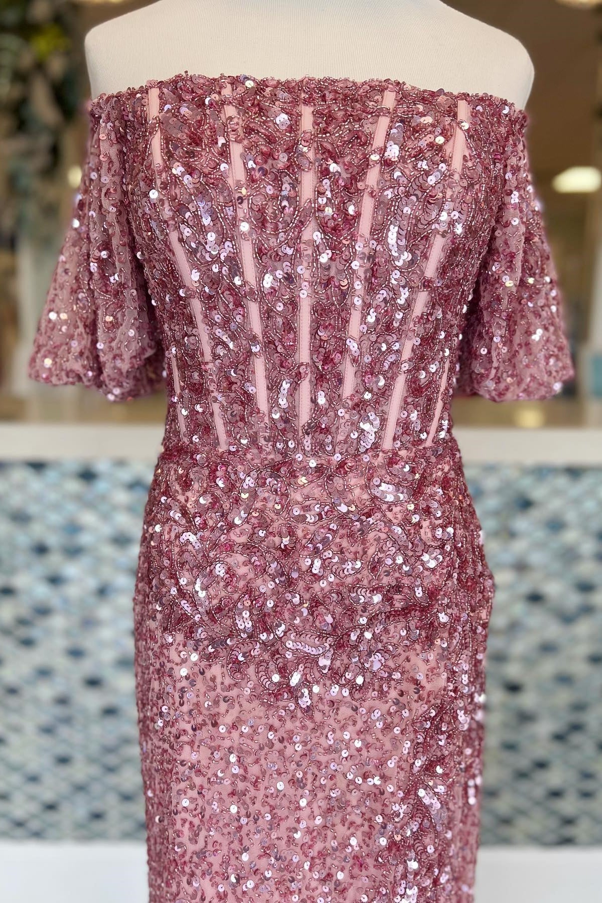 Sheath Column Off-the-Shoulder Sweep/Brush Train Dresses Beaded Sequins Long Prom Dress