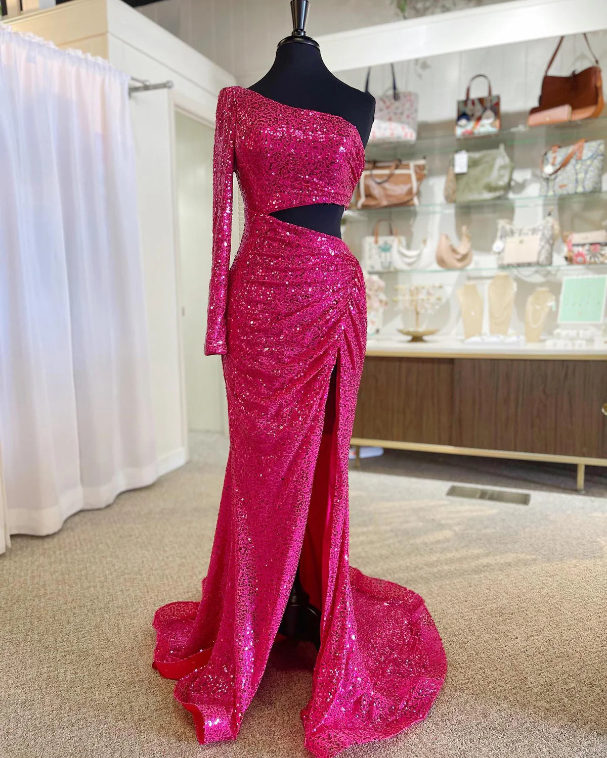 Sheath One Shoulder Sweep/Brush Train Dresses Cut-Out Pleated Glitter Sparking Sequins Long Prom Dress with Long Sleeve