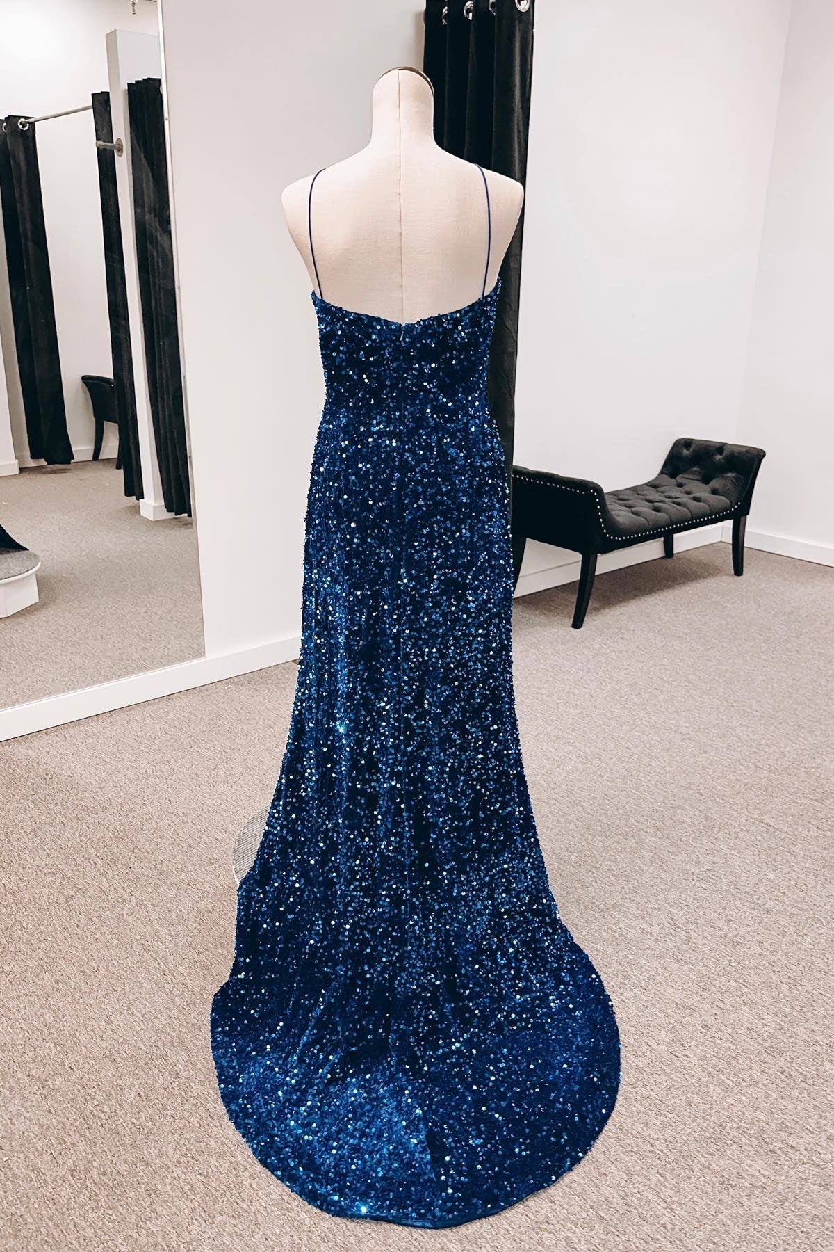Sheath Mermaid Spaghetti Straps Sweep/Brush Train Dresses Cut-Out Sequins Long Prom Dress