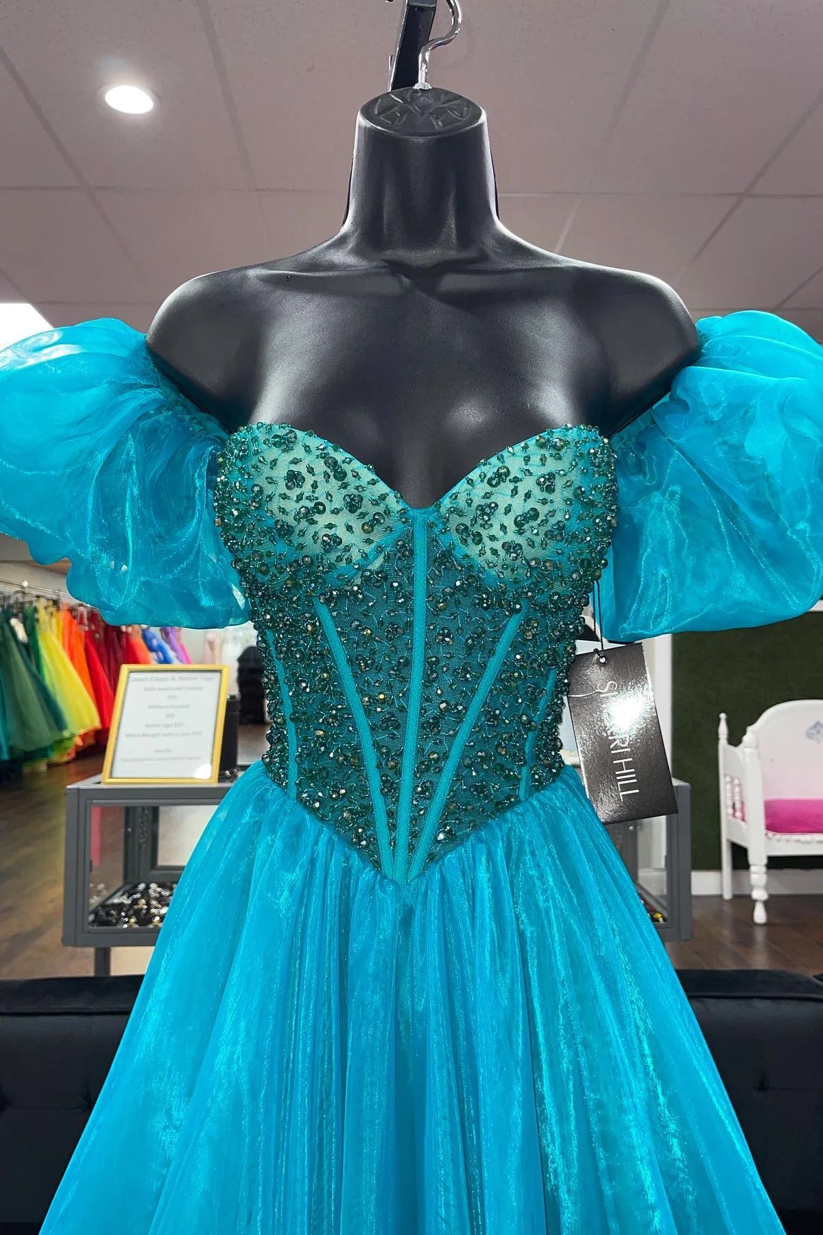 A-line Sweep/Brush Train Dresses Puff Off-the-Shoulder Beaded Long Prom Dress