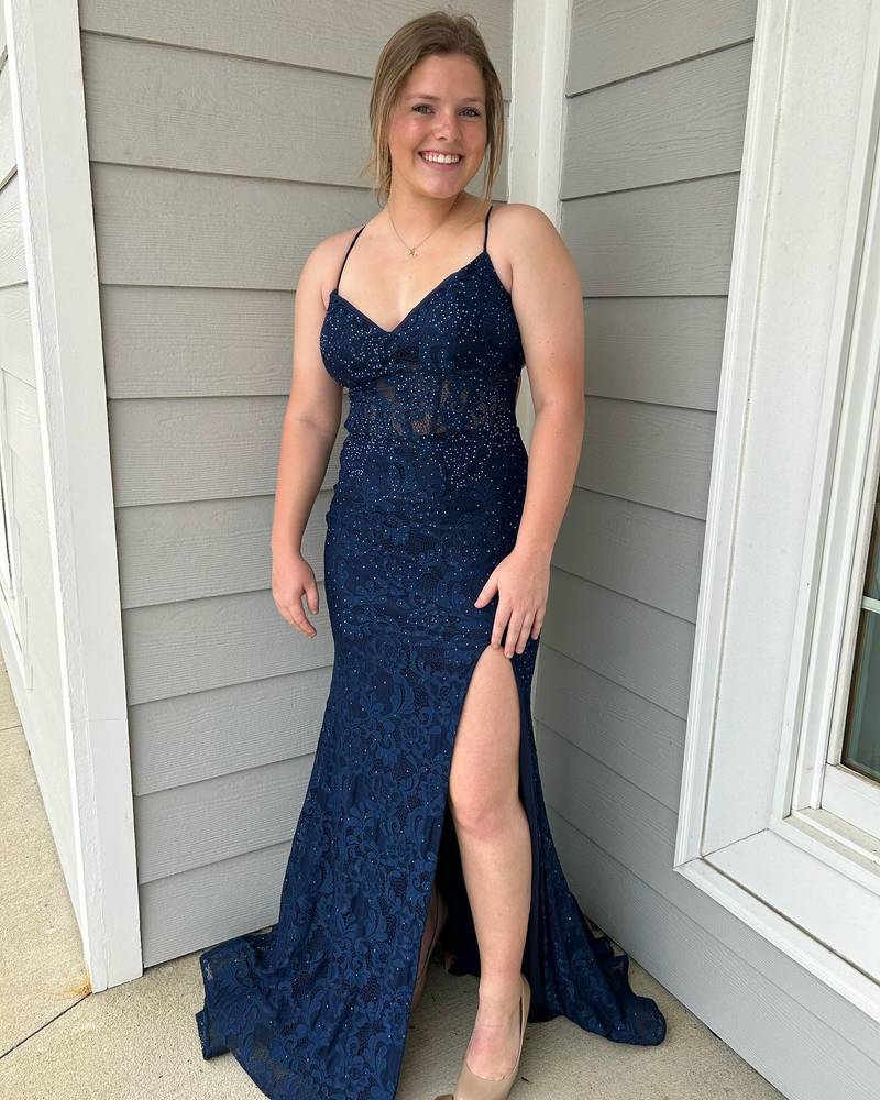 Sheath Mermaid Plunging Sweep/Brush Train Dresses V Neck Straps Lace Long Prom Dress with Slit