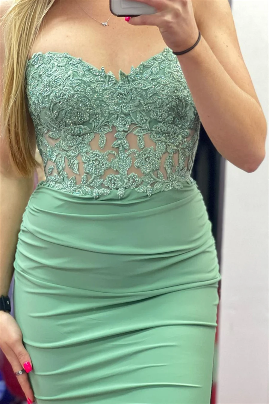 Sheath Strapless Appliques Mermaid Satin Long Prom Dress