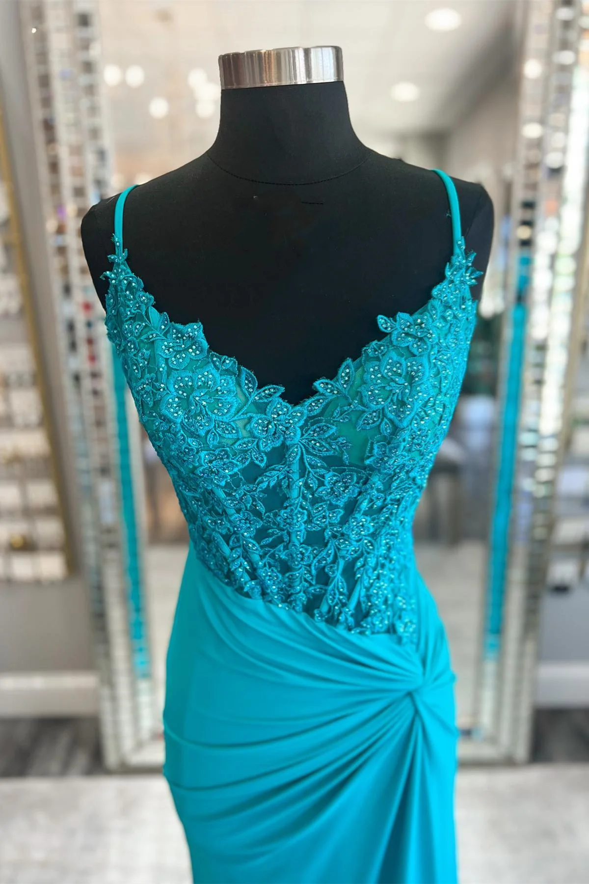 Sheath Mermaid Appliques Straps Twist Knot Satin Long Prom Dress
