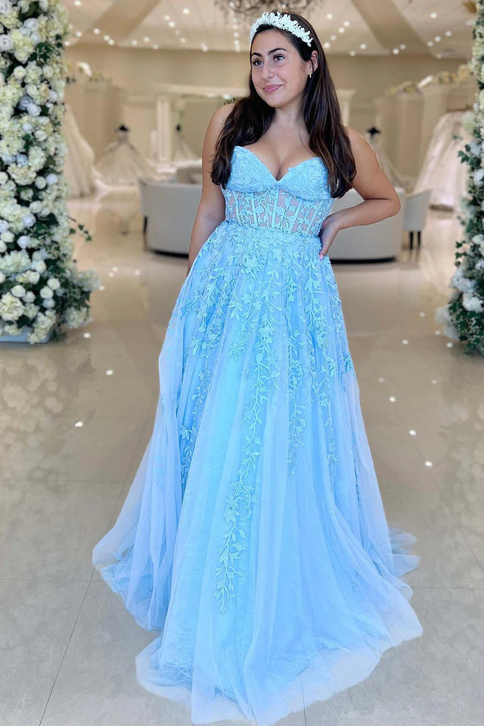 A-Line Sweetheart Red Royal Blue Lavender Lace Corset Long Prom Dress With Appliques