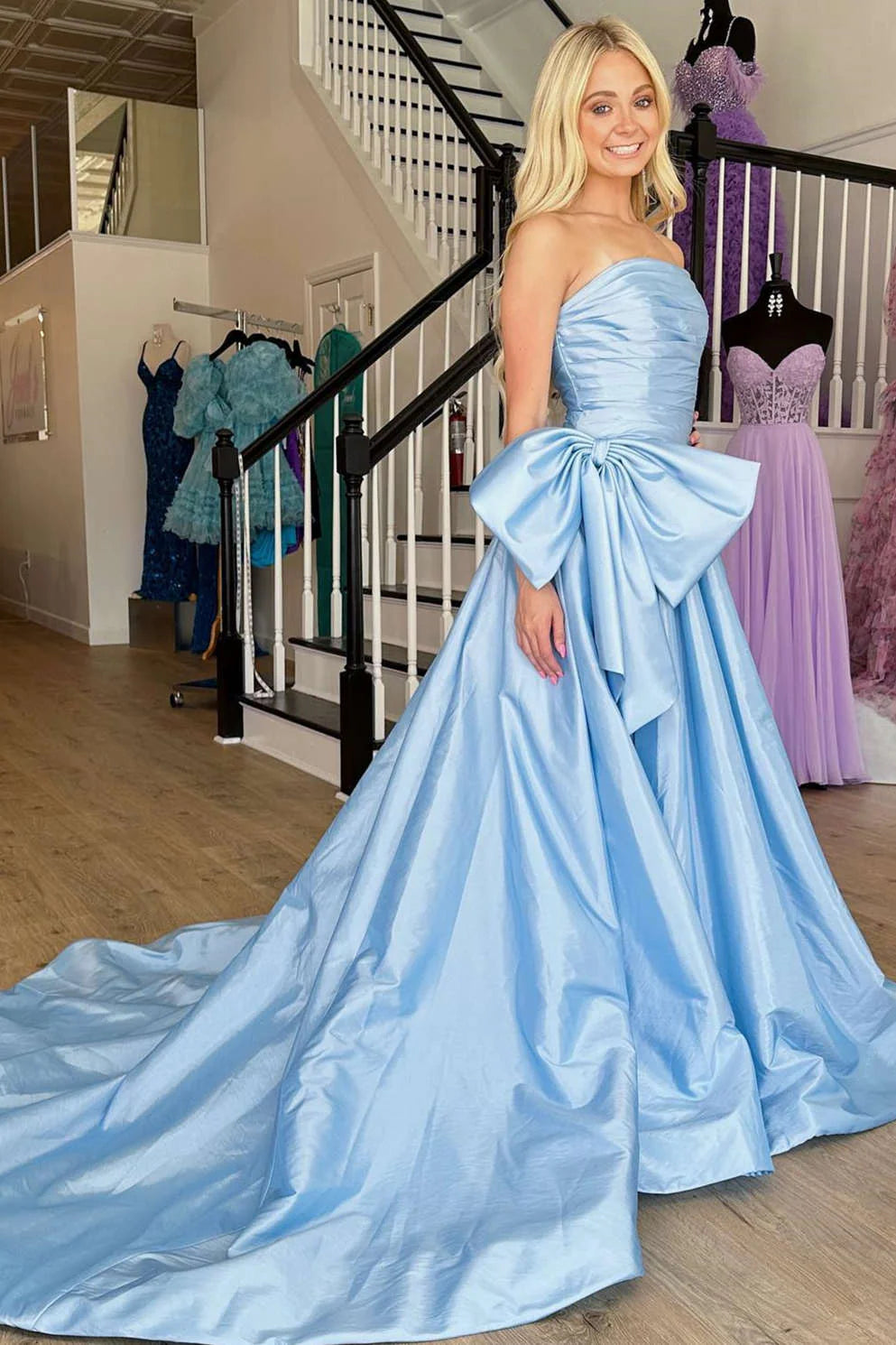 A-Line Strapless Sweep/Brush Train Dresses Light Blue Satin Long Prom Dress with Bow