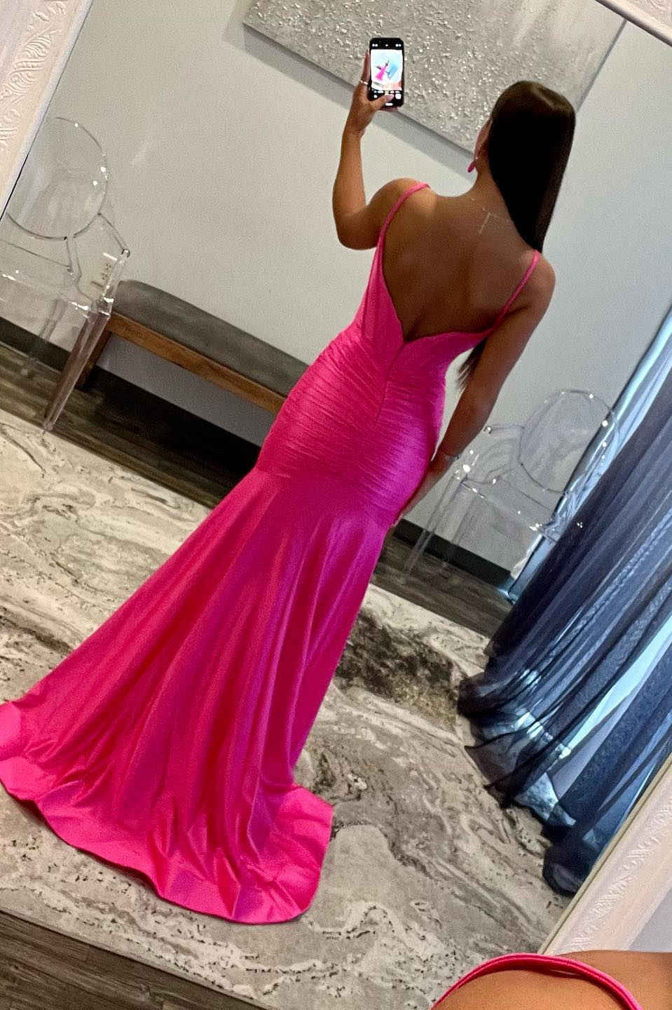Sheath Mermaid Spaghetti Straps V Neck Sweep/Brush Train Dresses Pleated Satin Prom Dress